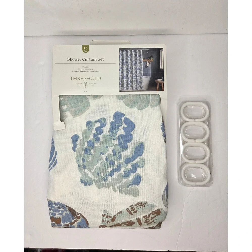 Threshold Coastal Seashell Cotton Shower Curtain Set Blue White Beach Summer